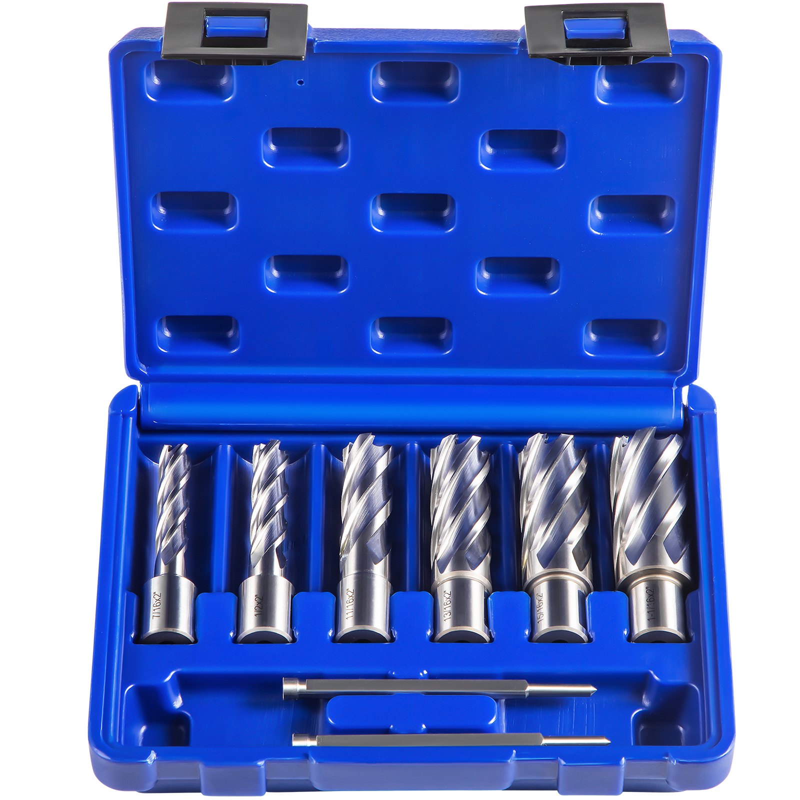 VEVOR Annular Cutter Set, 6 pcs 3/4\" Weldon Shank, 2\" Cutting Depth and Cutting Diameter from 7/16\" to 1-1/16\", 2 Pilot Pins & Strong Case for Using with Magnetic Drills, Silver