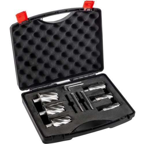 VEVOR Annular Cutter Set, 6 pcs 3/4" Weldon Shank, 2" Cutting Depth and Cutting Diameter from 1" to 2", 2 Pilot Pins & Strong Case for Using with Magnetic Drills, Silver