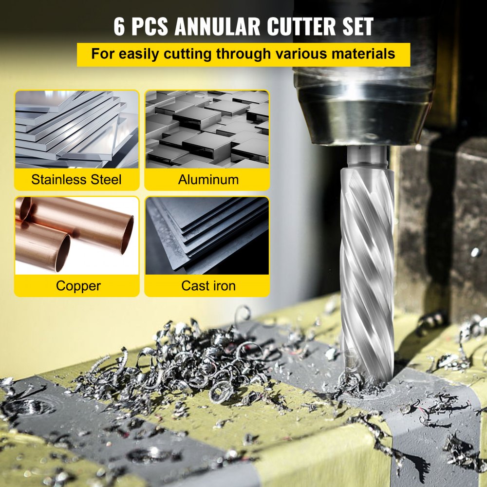 VEVOR Annular Cutter Set, 6 pcs 3/4" Weldon Shank, 2" Cutting Depth and Cutting Diameter from 1" to 2", 2 Pilot Pins & Strong Case for Using with Magnetic Drills, Silver