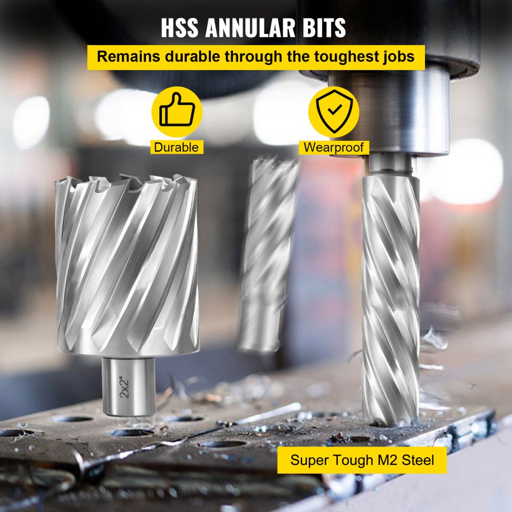 VEVOR Annular Cutter Set, 6 pcs 3/4" Weldon Shank, 2" Cutting Depth and Cutting Diameter from 1" to 2", 2 Pilot Pins & Strong Case for Using with Magnetic Drills, Silver