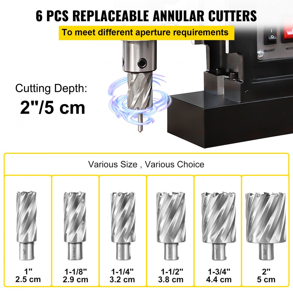 VEVOR Annular Cutter Set, 6 pcs 3/4" Weldon Shank, 2" Cutting Depth and Cutting Diameter from 1" to 2", 2 Pilot Pins & Strong Case for Using with Magnetic Drills, Silver