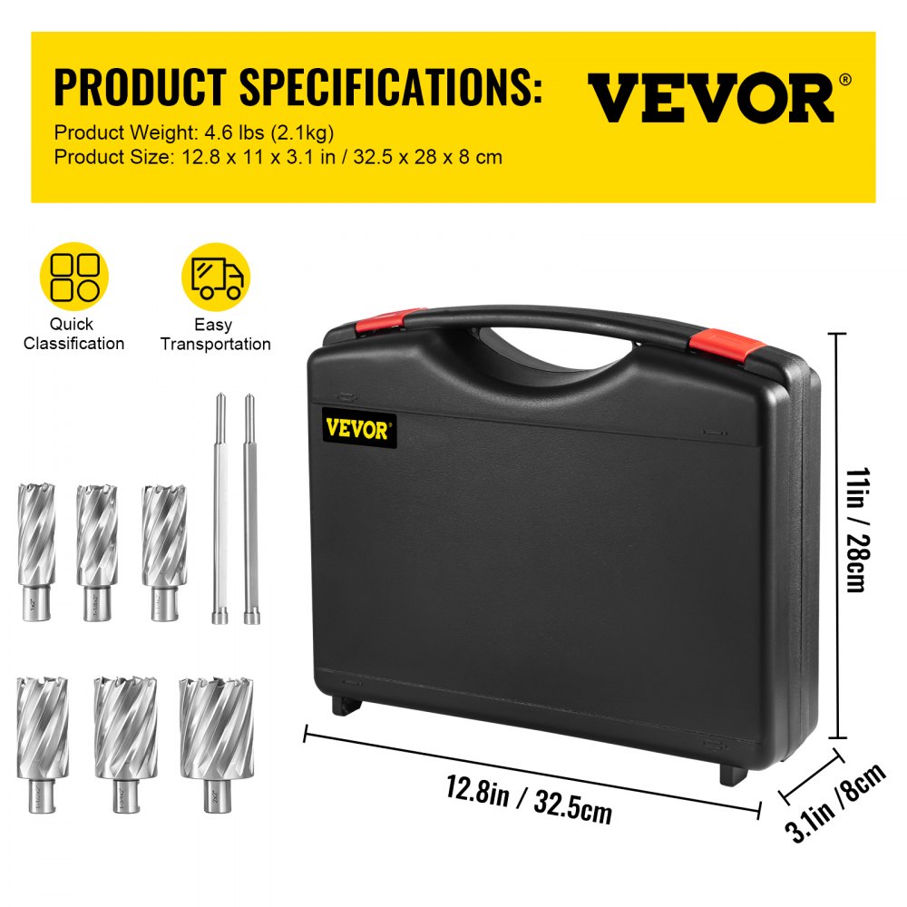 VEVOR Annular Cutter Set, 6 pcs 3/4" Weldon Shank, 2" Cutting Depth and Cutting Diameter from 1" to 2", 2 Pilot Pins & Strong Case for Using with Magnetic Drills, Silver