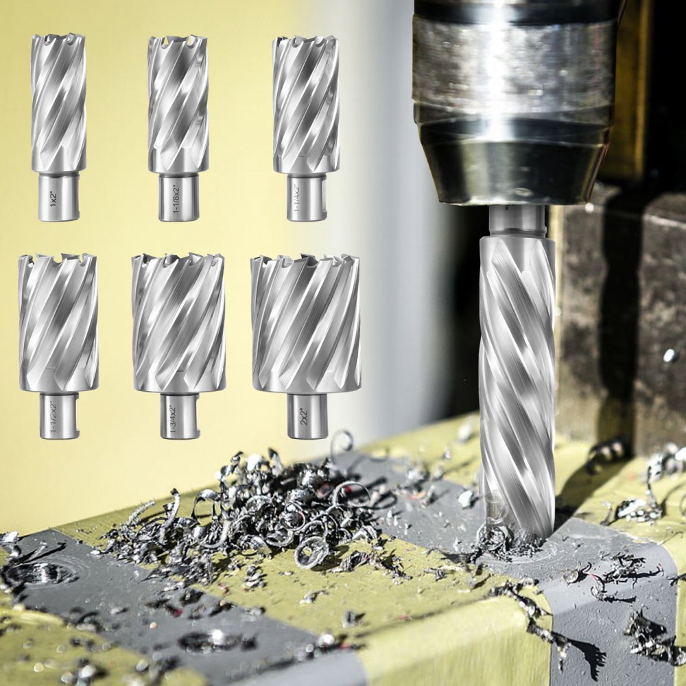 VEVOR Annular Cutter Set, 6 pcs 3/4" Weldon Shank, 2" Cutting Depth and Cutting Diameter from 1" to 2", 2 Pilot Pins & Strong Case for Using with Magnetic Drills, Silver