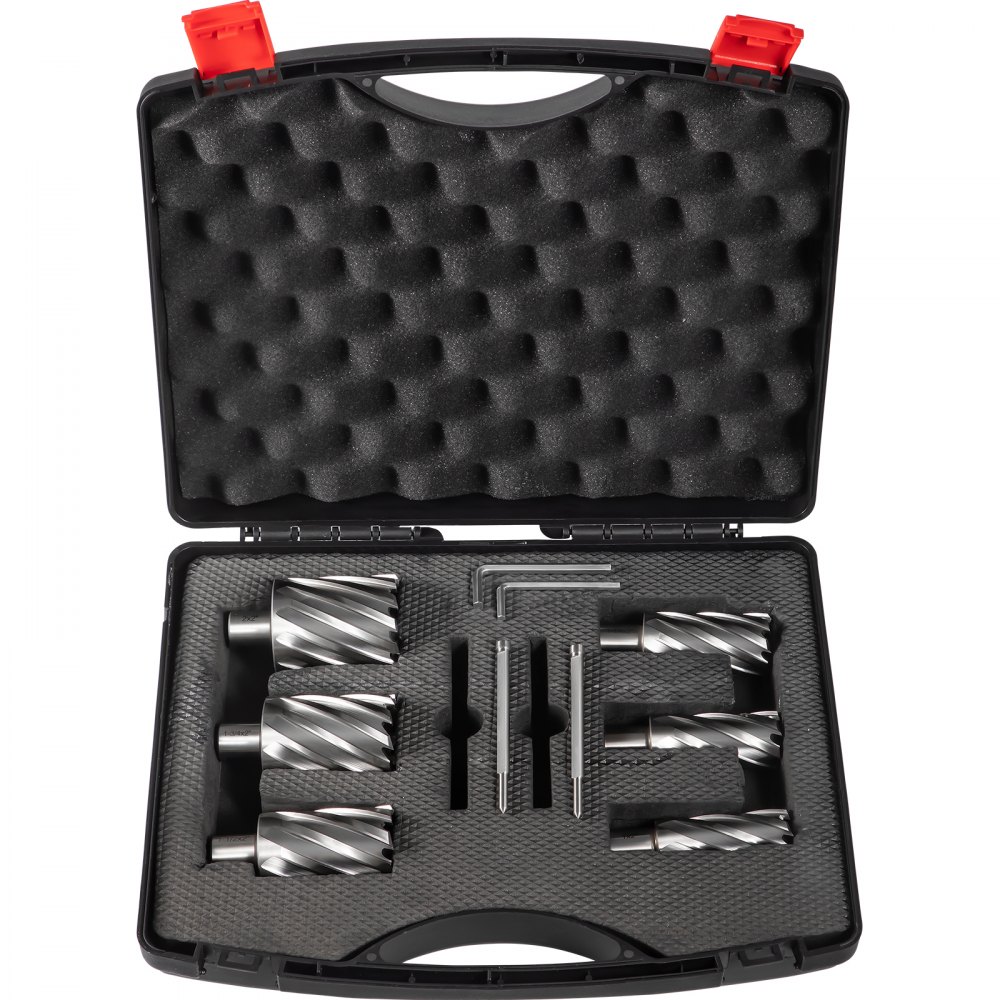 VEVOR Annular Cutter Set, 6 pcs 3/4" Weldon Shank, 2" Cutting Depth and Cutting Diameter from 1" to 2", 2 Pilot Pins & Strong Case for Using with Magnetic Drills, Silver