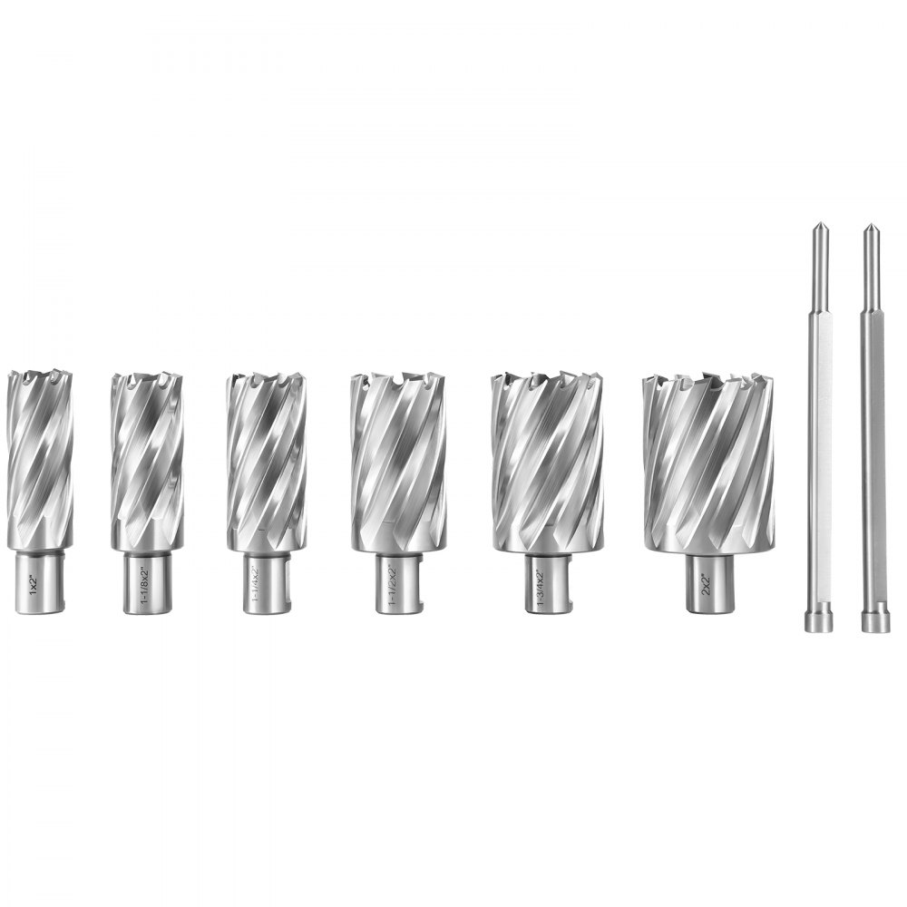 VEVOR Annular Cutter Set, 6 pcs 3/4" Weldon Shank, 2" Cutting Depth and Cutting Diameter from 1" to 2", 2 Pilot Pins & Strong Case for Using with Magnetic Drills, Silver