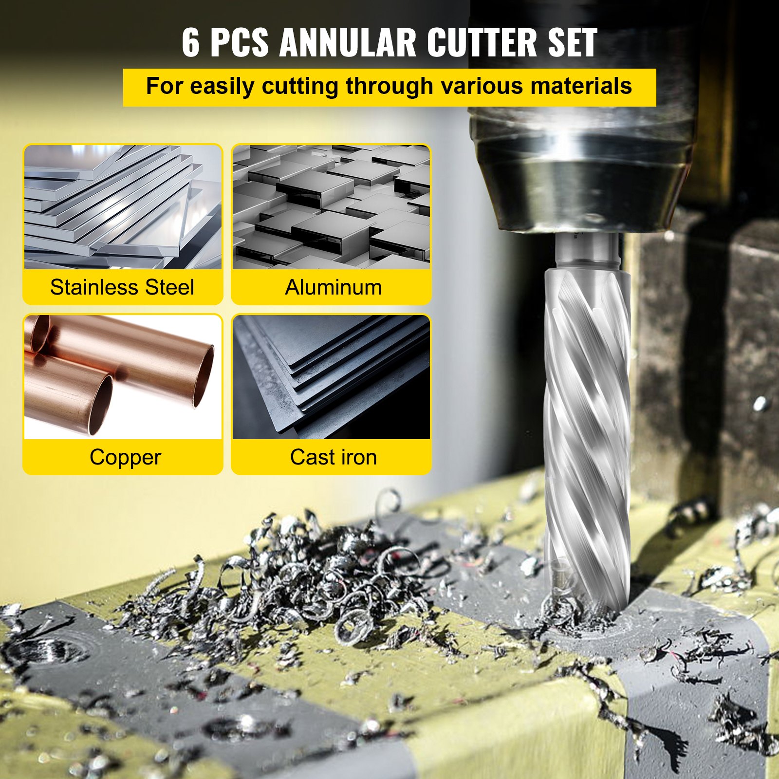 VEVOR HSS Annular Cutter Magnetic Drill Set 6 PCS 3/4" Weldon Shank 2" in Depth