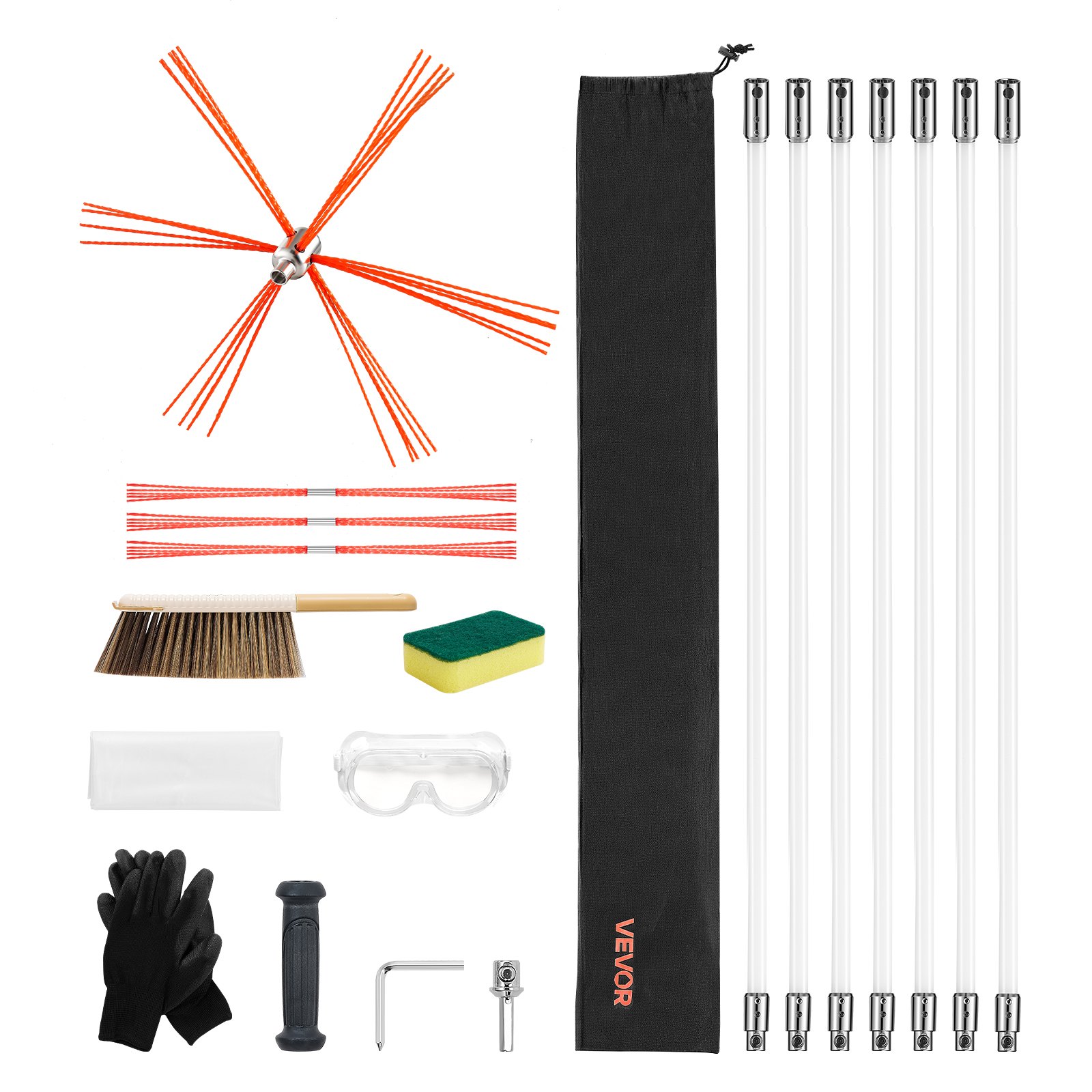 VEVOR Chimney Sweep Kit, 7m Maximum Extendable Length Chimney Brush, Chimneys Cleaning Kit with Bristle Replacements & Goggles, 90° Bendable Fireplace Cleaning Tool, for Square, Rectangle Chimneys