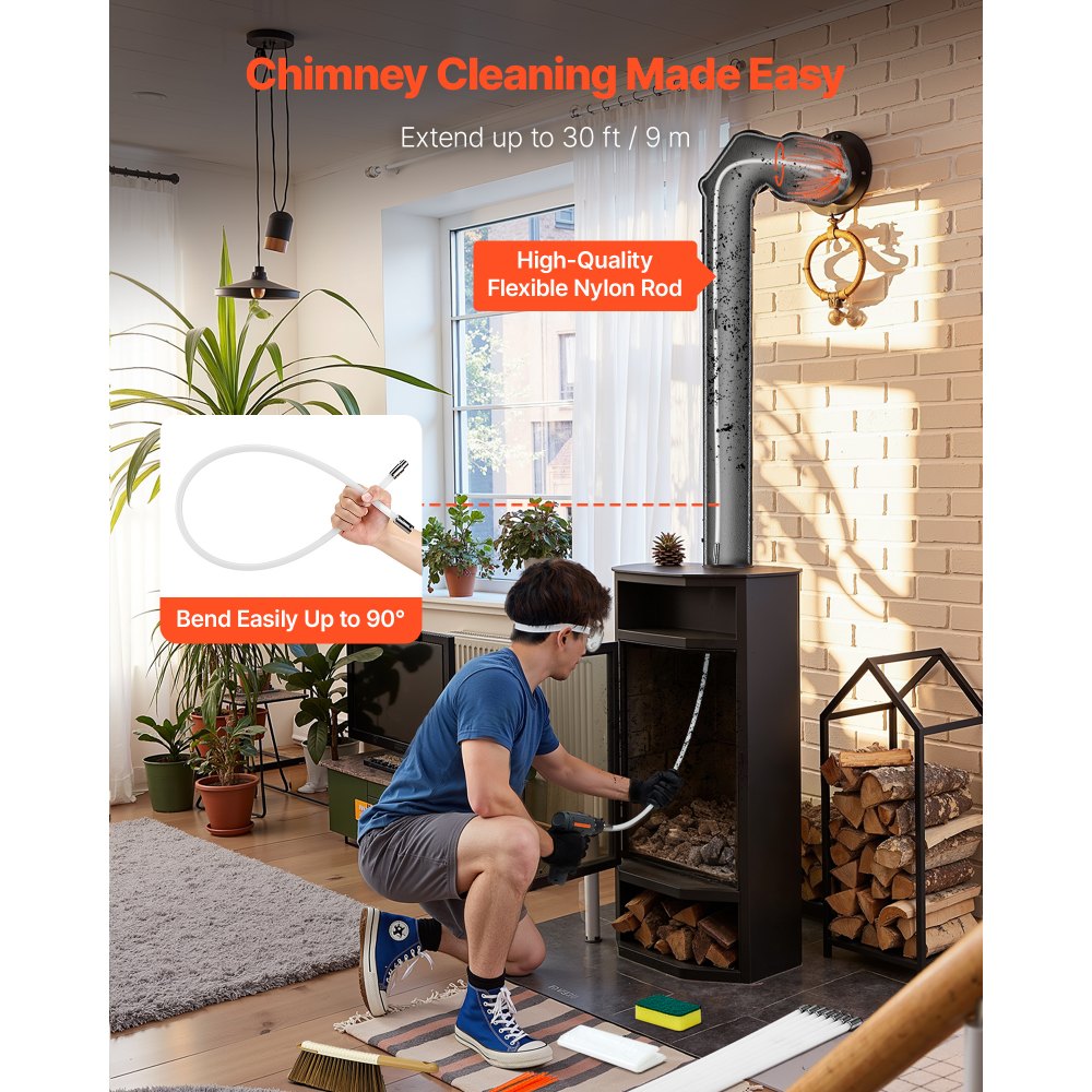 VEVOR Chimney Sweep Kit, 9m Maximum Extendable Length Chimney Sweep, Chimneys Cleaning Kit with Bristle Replacements & Goggles, 90° Bendable Fireplace Cleaning Tool, for Square, Rectangle Chimneys