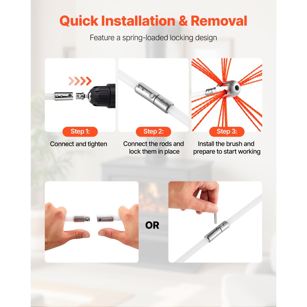 VEVOR Chimney Sweep Kit, 9m Maximum Extendable Length Chimney Sweep, Chimneys Cleaning Kit with Bristle Replacements & Goggles, 90° Bendable Fireplace Cleaning Tool, for Square, Rectangle Chimneys