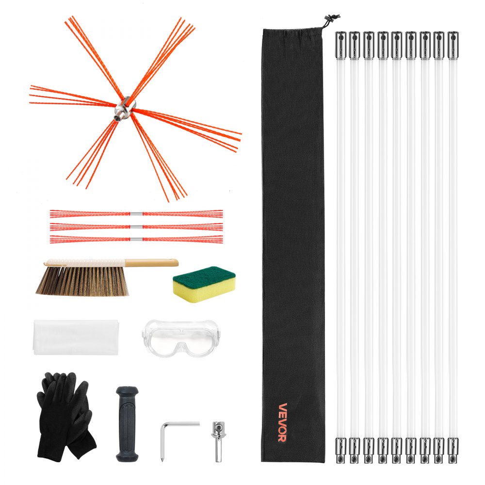 VEVOR Chimney Sweep Kit, 9m Maximum Extendable Length Chimney Sweep, Chimneys Cleaning Kit with Bristle Replacements & Goggles, 90° Bendable Fireplace Cleaning Tool, for Square, Rectangle Chimneys