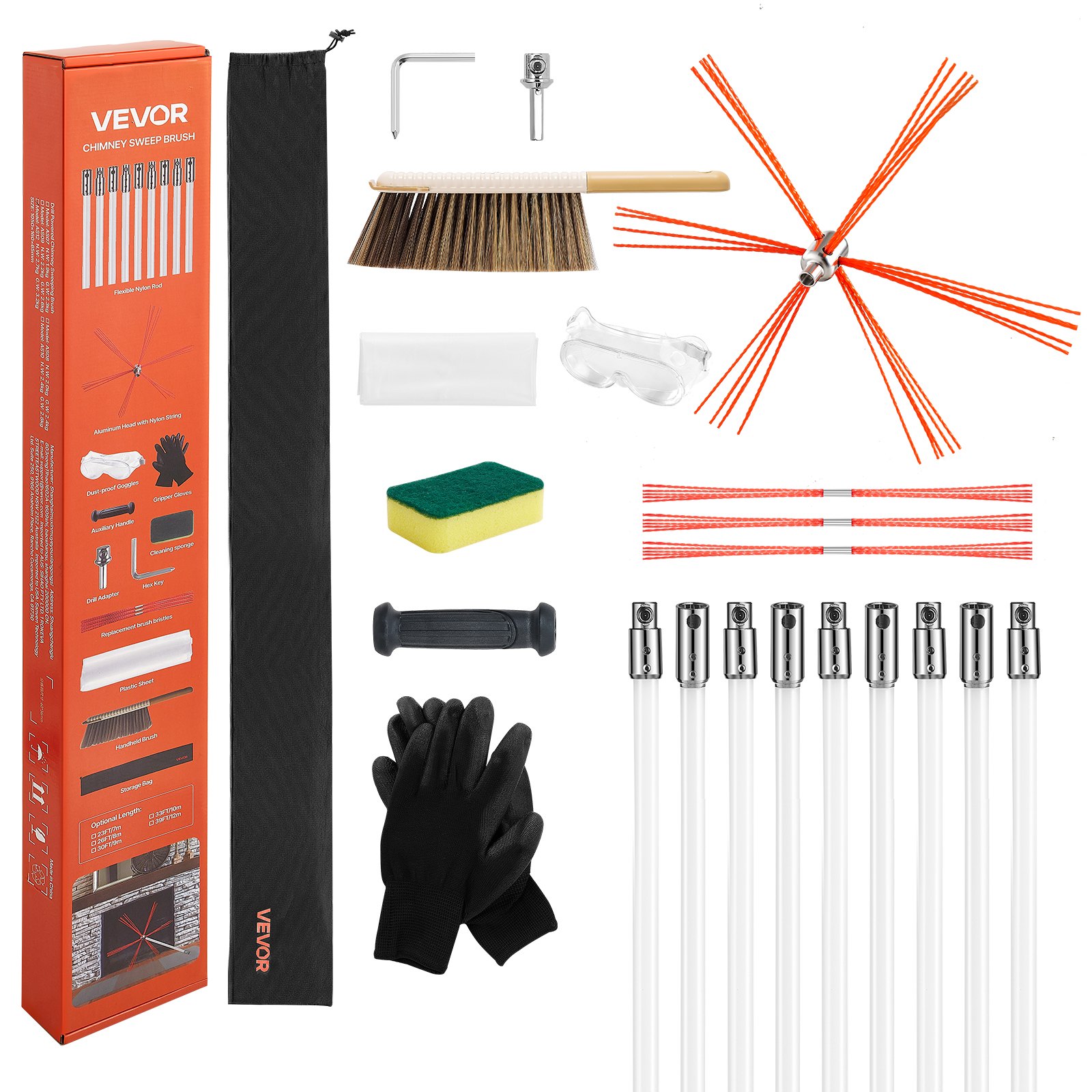 VEVOR Chimney Sweep Kit, 30 ft Maximum Extendable Length Chimney Sweep, Chimneys Cleaning Kit with Bristle Replacements & Goggles, 90° Bendable Fireplace Cleaning Tool, for Square, Rectangle Chimneys