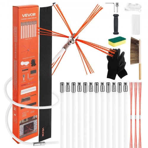 VEVOR Chimney Sweep Kit, 12m Maximum Extendable Length Chimney Sweep, Chimneys Cleaning Kit with Bristle Replacements & Goggles, 90° Bendable Fireplace Cleaning Tool, for Square, Rectangle Chimneys