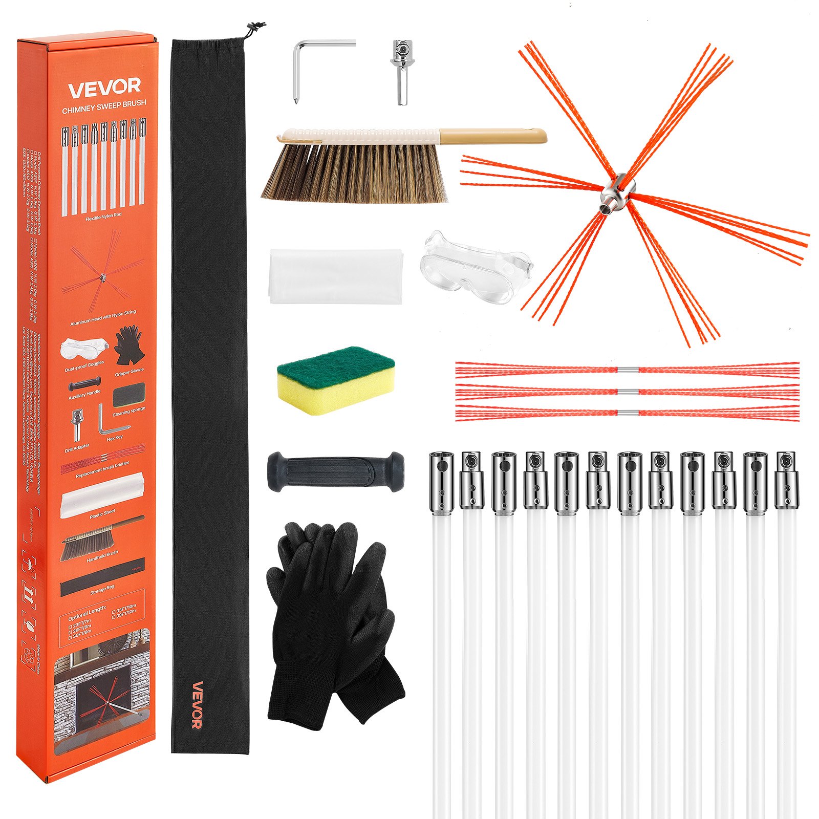 VEVOR Chimney Sweep Kit, 12m Maximum Extendable Length Chimney Sweep, Chimneys Cleaning Kit with Bristle Replacements & Goggles, 90° Bendable Fireplace Cleaning Tool, for Square, Rectangle Chimneys