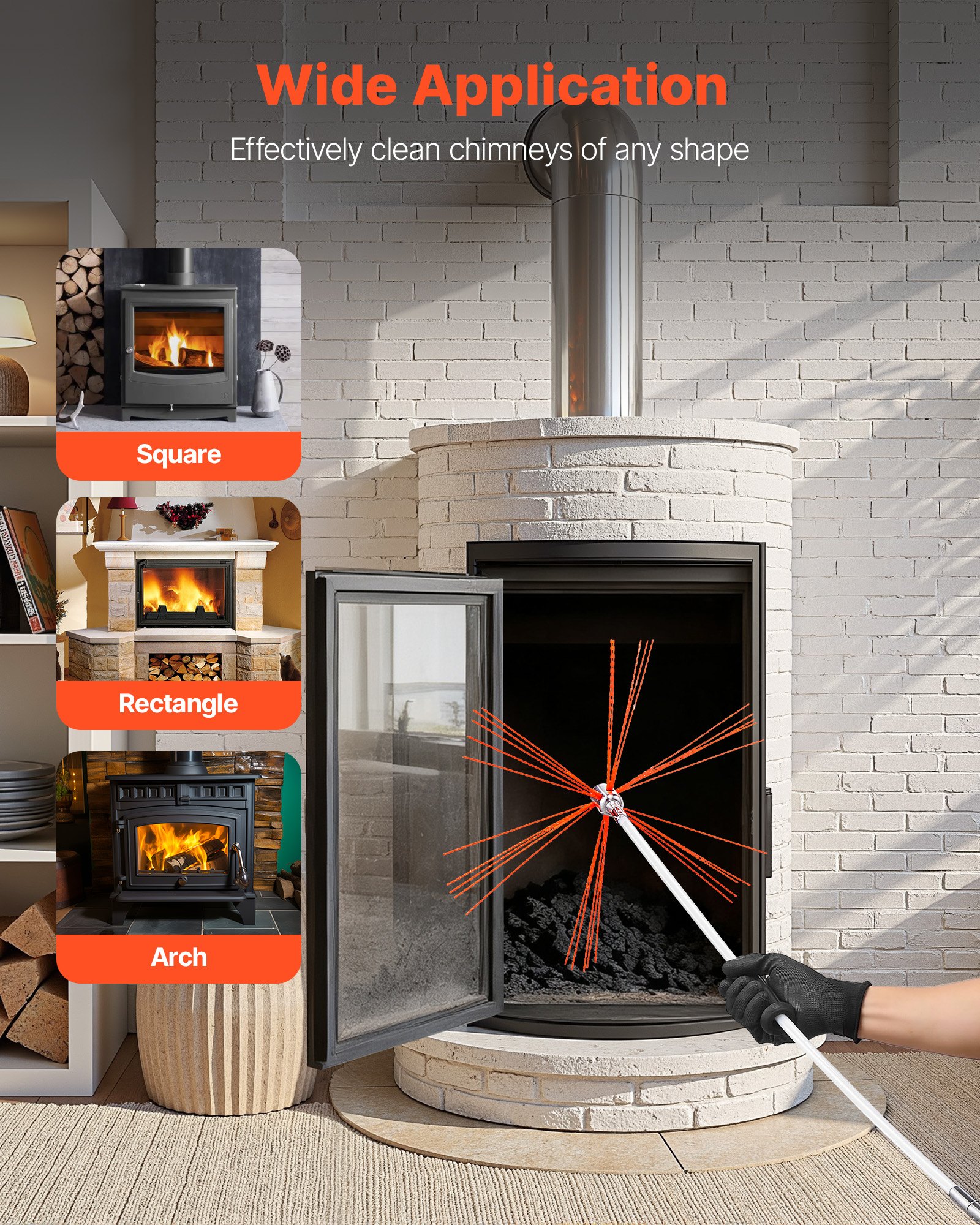 VEVOR Chimney Sweep Kit, 39 ft Maximum Extendable Length Chimney Sweep, Chimneys Cleaning Kit with Bristle Replacements & Goggles, 90° Bendable Fireplace Cleaning Tool, for Square, Rectangle Chimneys