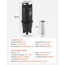 725 sq.ft² Cartridge Pool Filter Valve 21207GPH Swimming Pool Filtration System