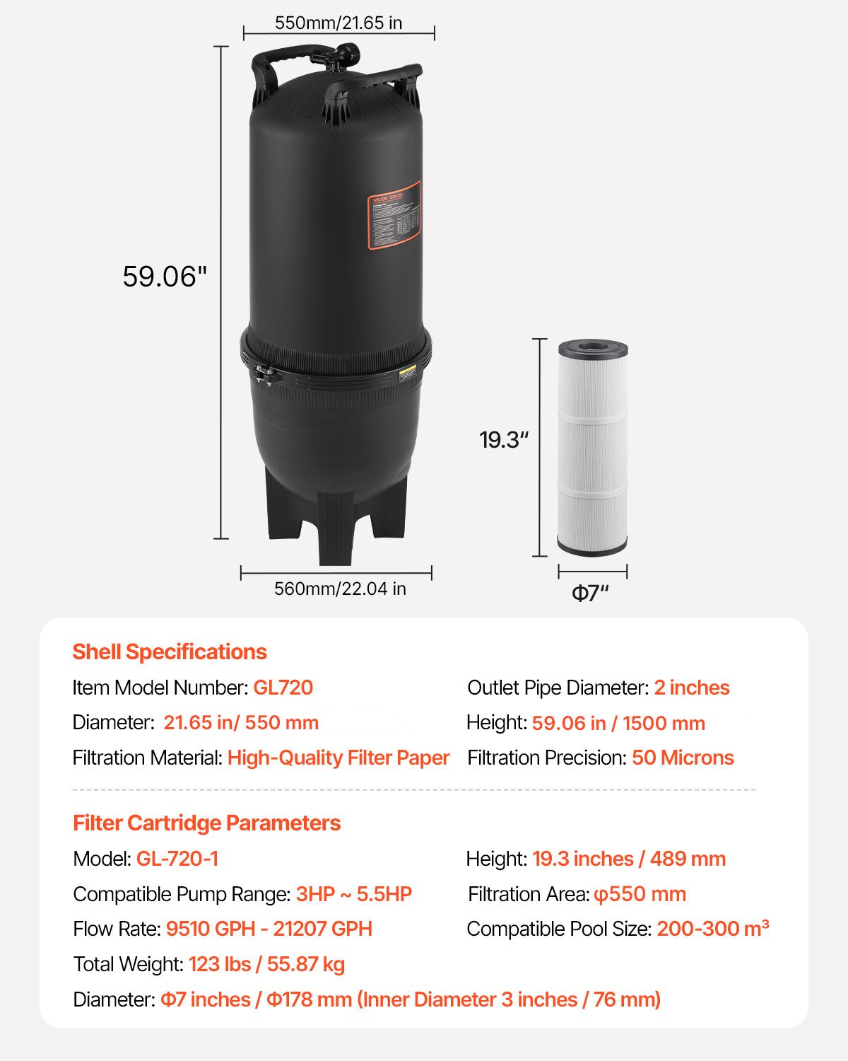 725 sq.ft² Cartridge Pool Filter Valve 21207GPH Swimming Pool Filtration System
