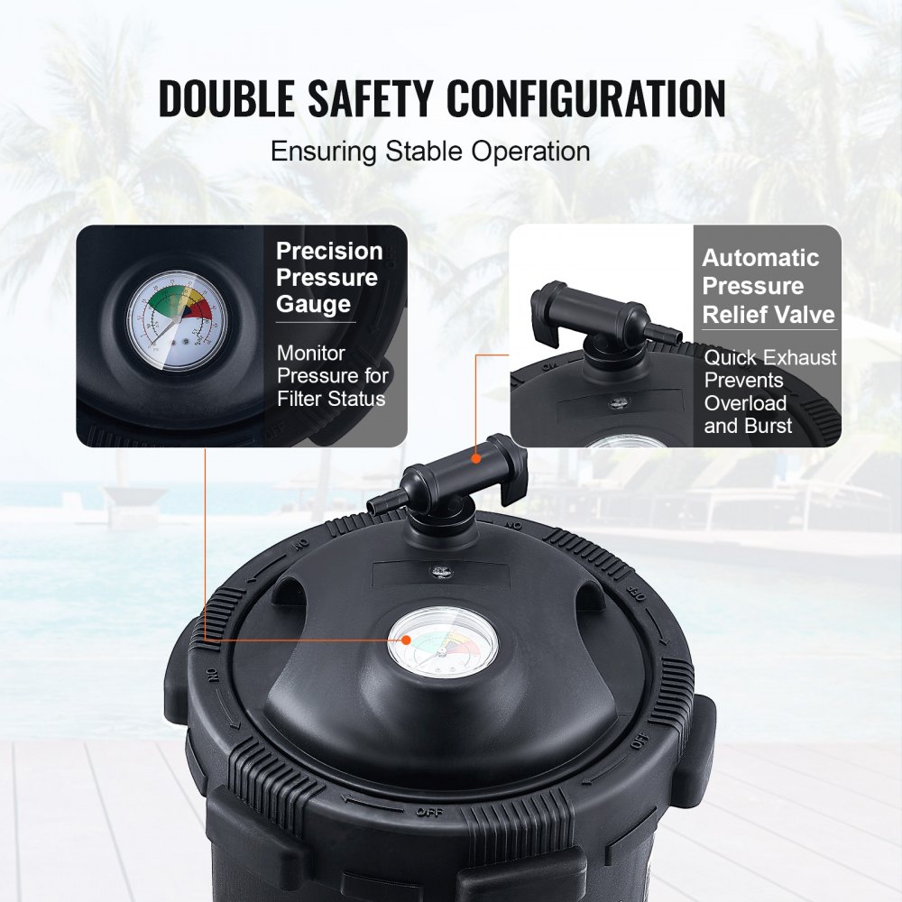 VEVOR pool filter with precision pressure gauge and automatic pressure relief valve for stable operation.