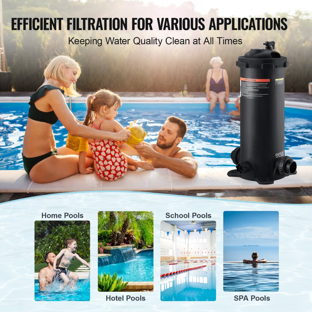 VEVOR pool filter setup showcased by a family in various pool settings: home, hotel, school, and spa.