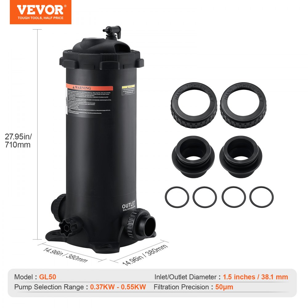 VEVOR pool filter gl50, 27.95in height, 1.5in inlet/outlet diameter, with additional components.
