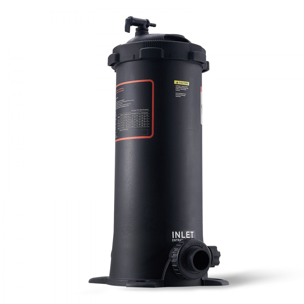 black cylindrical VEVOR pool filter with inlet label and instruction chart on side.