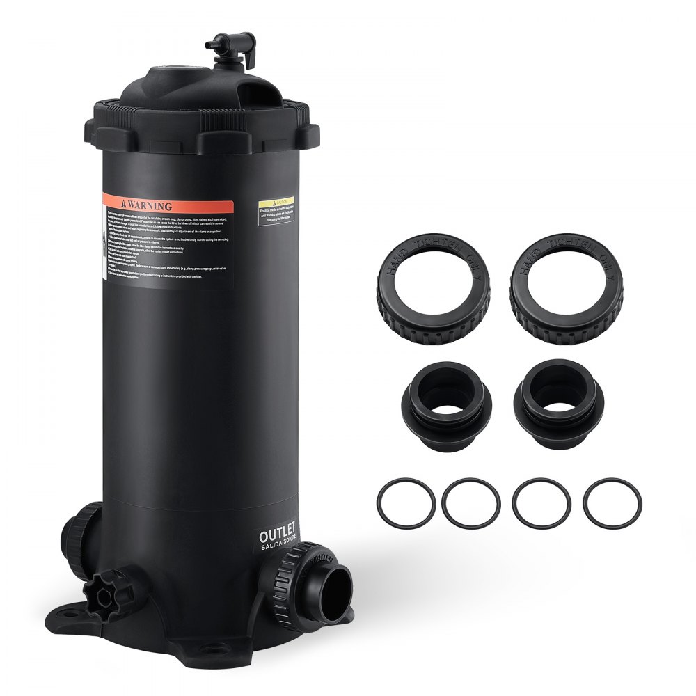 VEVOR pool filter with installation parts, including connectors, o-rings, and tightening caps.