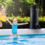 children playing near a swimming pool with a VEVOR pool filter visible in the background.