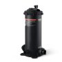 black VEVOR pool filter with top handle and side inlet/outlet valves on a white background.