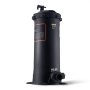 black cylindrical VEVOR pool filter with inlet label and instruction chart on side.