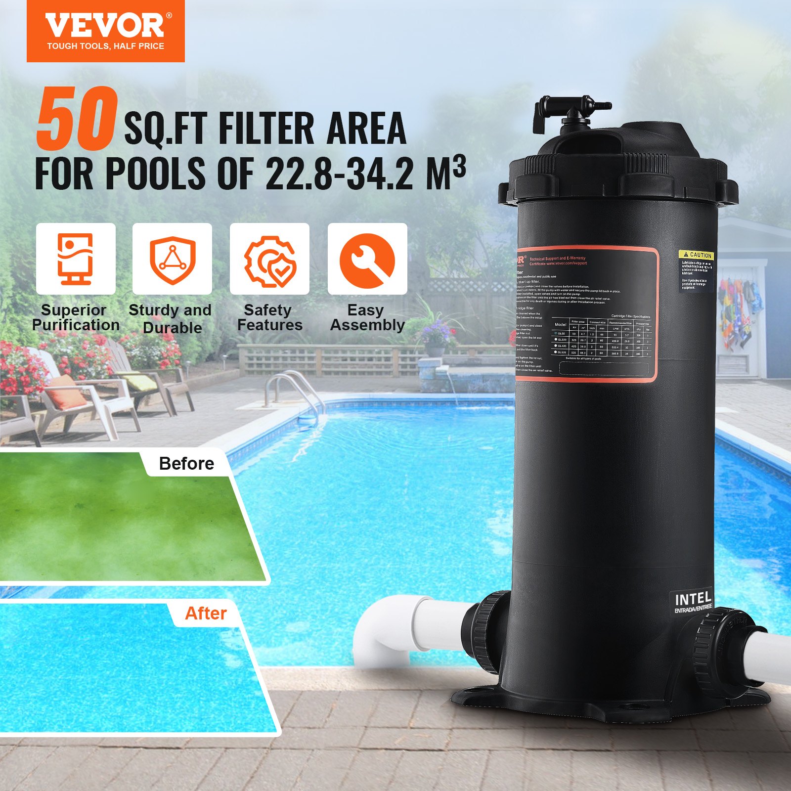 VEVOR pool filter with inlet by a clean blue pool, demonstrating before and after water clarity.
