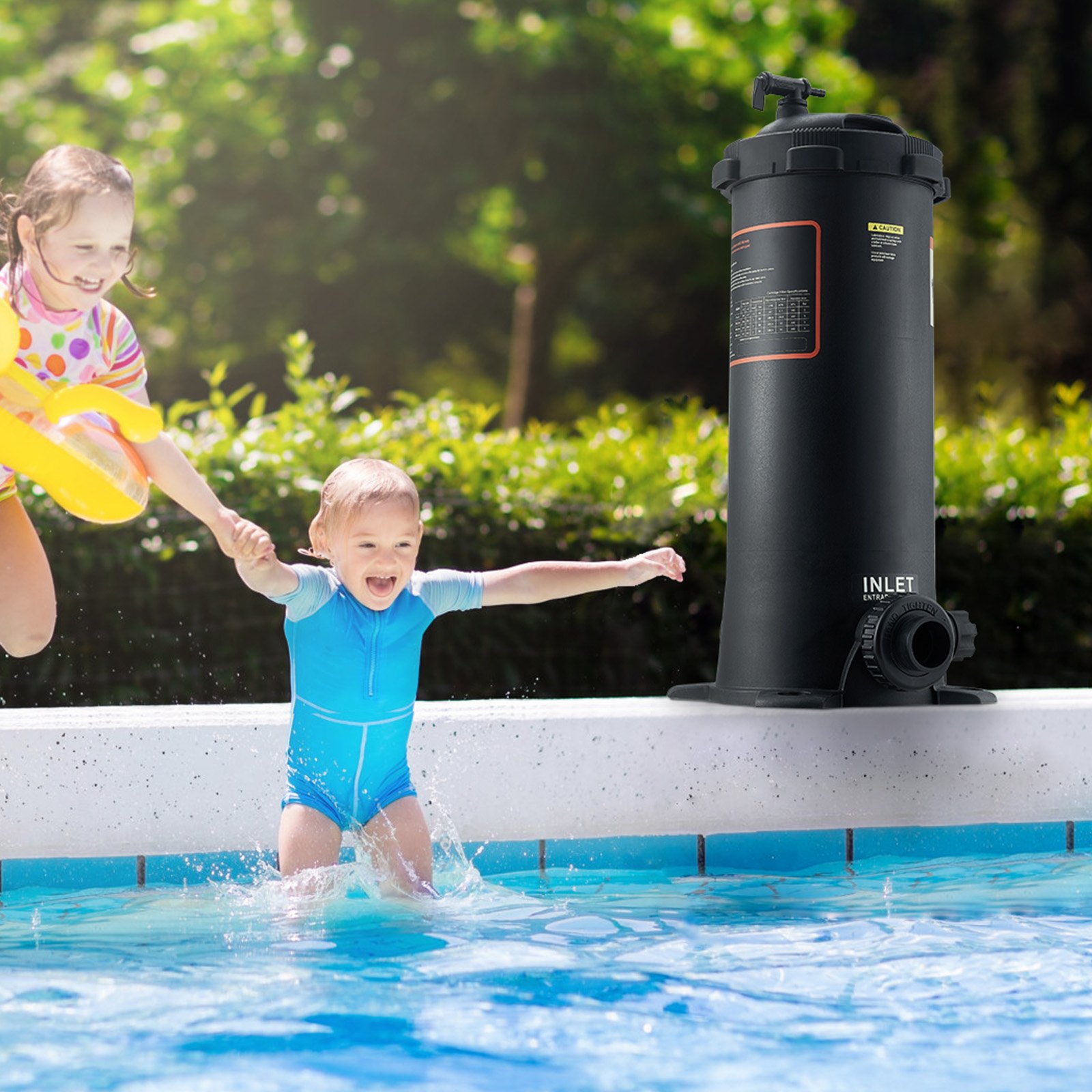 children playing near a swimming pool with a VEVOR pool filter visible in the background.