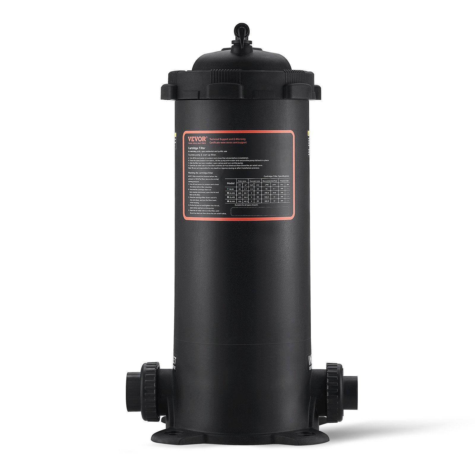 black cylindrical VEVOR pool filter with top handle and side connectors, featuring detailed product label.