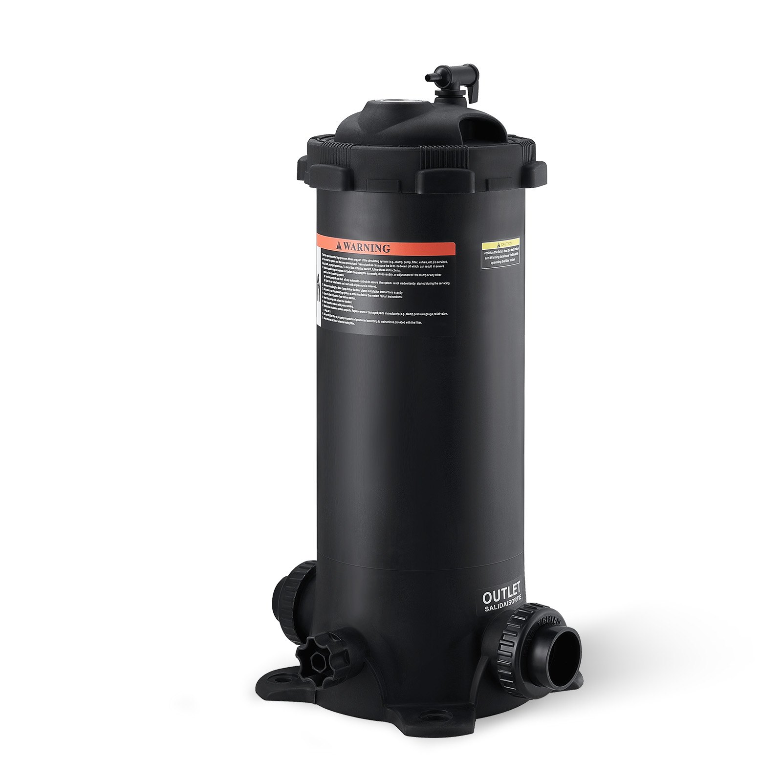 black VEVOR pool filter with top handle and side inlet/outlet valves on a white background.