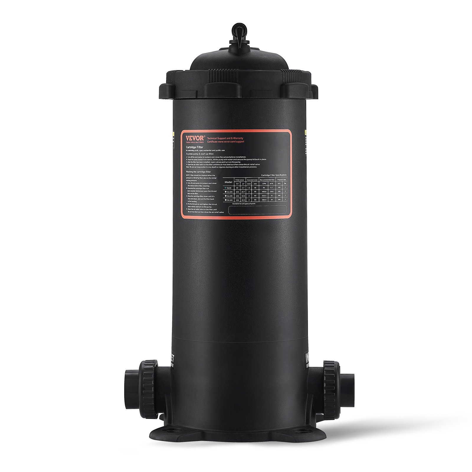 black VEVOR pool filter with easy-to-read label and connection ports at the base.