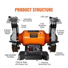 VEVOR Bench Grinder, 8 inch Variable Speed Bench Grinder with 5.0A Brushless Motor 1800-3795 RPM, Table Grinder with Cast-aluminum Tool Rest for Heavy Duty Sharpening Grinding Application