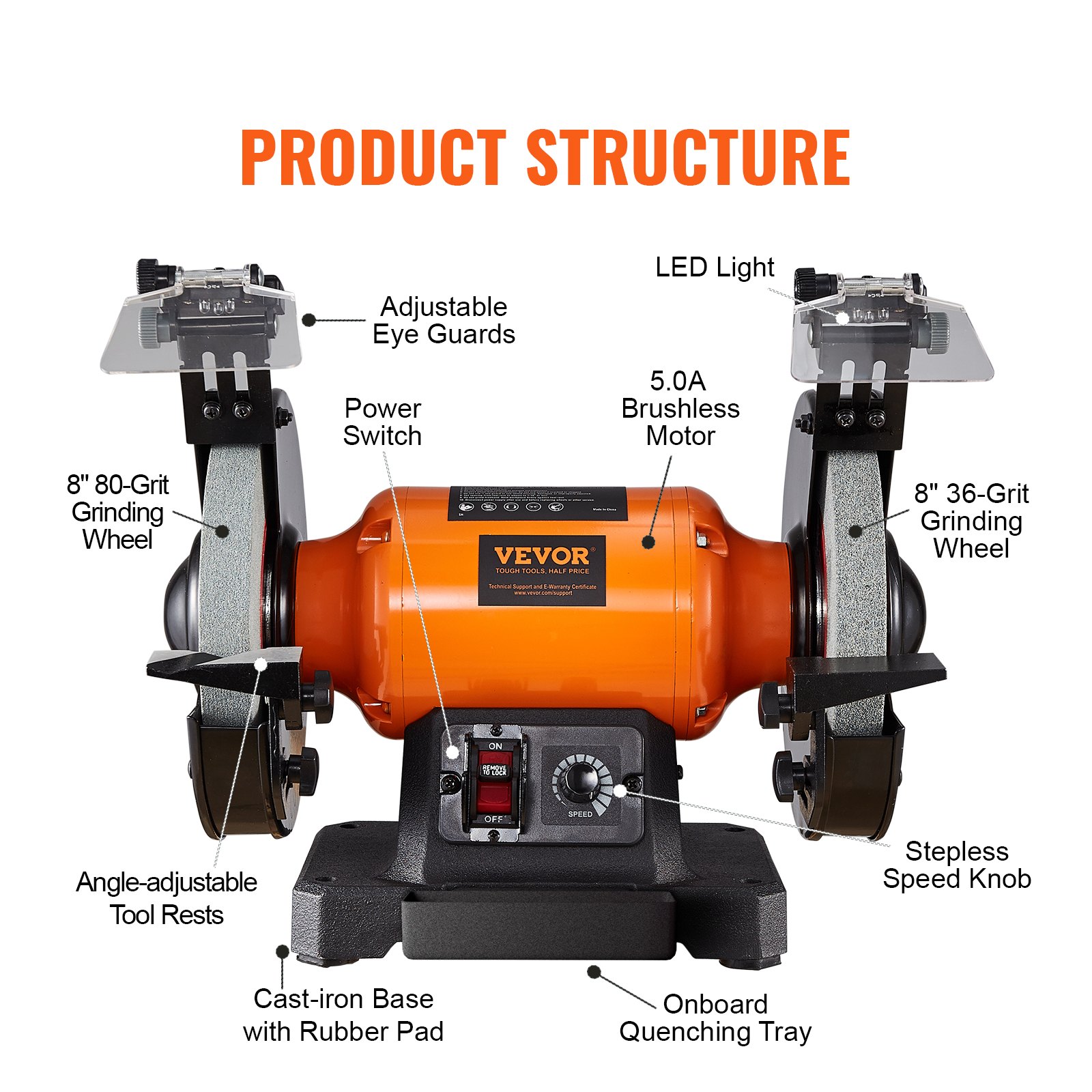 VEVOR Bench Grinder, 8 inch Variable Speed Bench Grinder with 5.0A Brushless Motor 1800-3795 RPM, Table Grinder with Cast-aluminum Tool Rest for Heavy Duty Sharpening Grinding Application