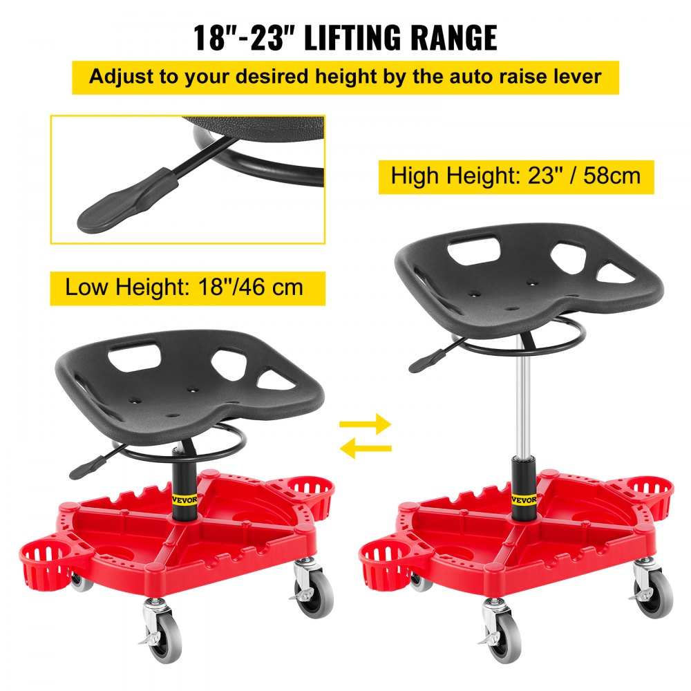 VEVOR Rolling Garage Stool, 135 kg Capacity, Adjustable Height from 46-58 cm, 360-degree Swivel Wheels (10.2 cm), Large Tool Tray with Two Bottle Holder, for Workshop, Auto Repair Shop, Red