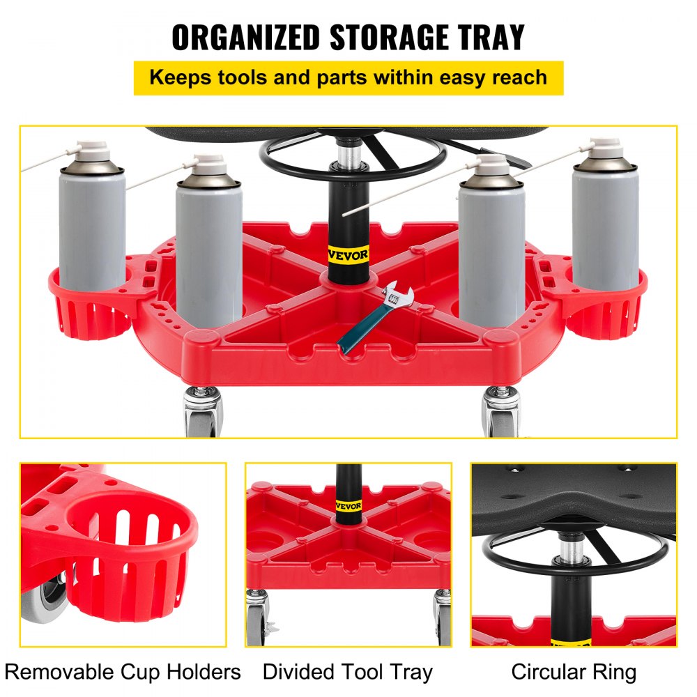 VEVOR Rolling Garage Stool, 135 kg Capacity, Adjustable Height from 46-58 cm, 360-degree Swivel Wheels (10.2 cm), Large Tool Tray with Two Bottle Holder, for Workshop, Auto Repair Shop, Red