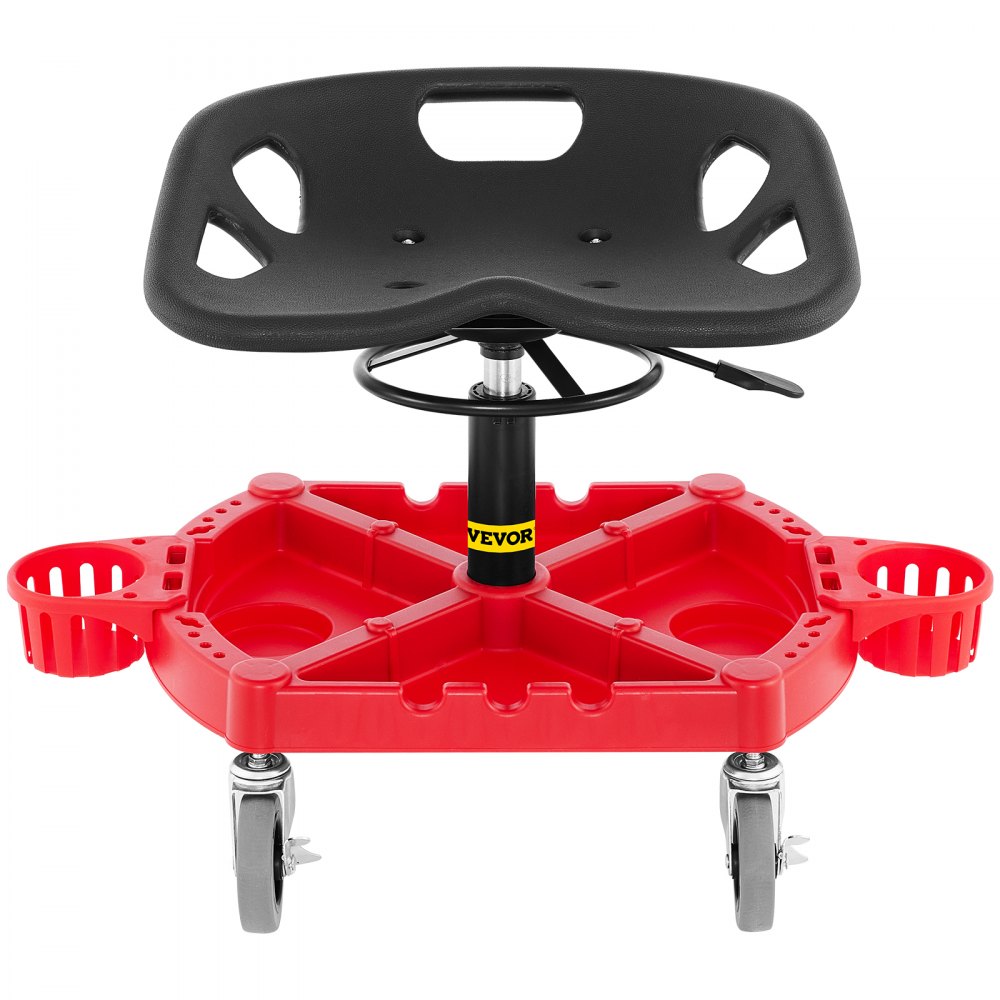 VEVOR Rolling Garage Stool, 135 kg Capacity, Adjustable Height from 46-58 cm, 360-degree Swivel Wheels (10.2 cm), Large Tool Tray with Two Bottle Holder, for Workshop, Auto Repair Shop, Red