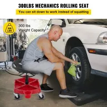 VEVOR Rolling Garage Stool, 300LBS Capacity, Adjustable Height from 18 in to 23 in, 360-degree Swivel Wheels (4"), Large Tool Tray with Two Bottle Holder, for Workshop, Auto Repair Shop, Red