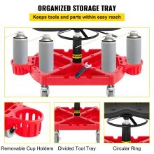 VEVOR Rolling Garage Stool, 300LBS Capacity, Adjustable Height from 18 in to 23 in, 360-degree Swivel Wheels (4"), Large Tool Tray with Two Bottle Holder, for Workshop, Auto Repair Shop, Red