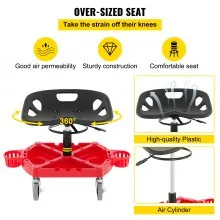 VEVOR Rolling Garage Stool, 300LBS Capacity, Adjustable Height from 18 in to 23 in, 360-degree Swivel Wheels (4"), Large Tool Tray with Two Bottle Holder, for Workshop, Auto Repair Shop, Red