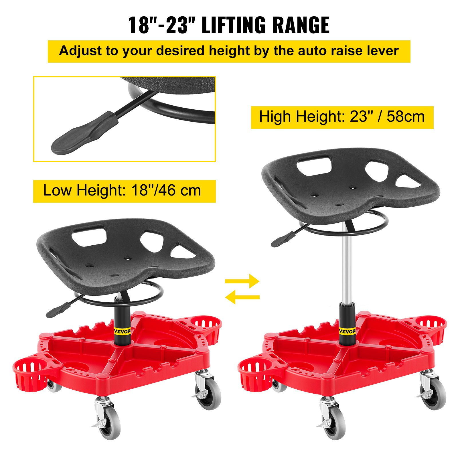 VEVOR Rolling Garage Stool, 135 kg Capacity, Adjustable Height from 46-58 cm, 360-degree Swivel Wheels (10.2 cm), Large Tool Tray with Two Bottle Holder, for Workshop, Auto Repair Shop, Red