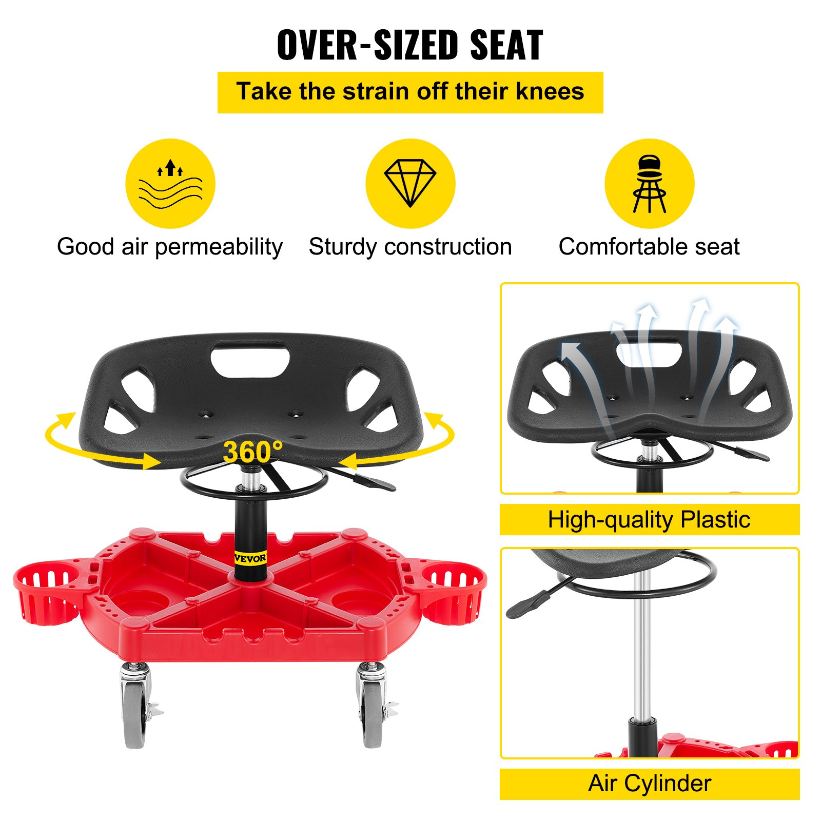 VEVOR Rolling Garage Stool, 135 kg Capacity, Adjustable Height from 46-58 cm, 360-degree Swivel Wheels (10.2 cm), Large Tool Tray with Two Bottle Holder, for Workshop, Auto Repair Shop, Red