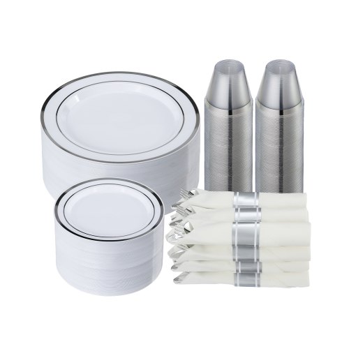 VEVOR Plastic Disposable Plates, 350 Pcs Plastic Dinnerware Set, Include 50 Dinner Plates, 50 Dessert Plates, 50 Pre-Rolled Napkins, 50 Forks, 50 Knives, 50 Spoons, and 50 Cups, for Party and Wedding