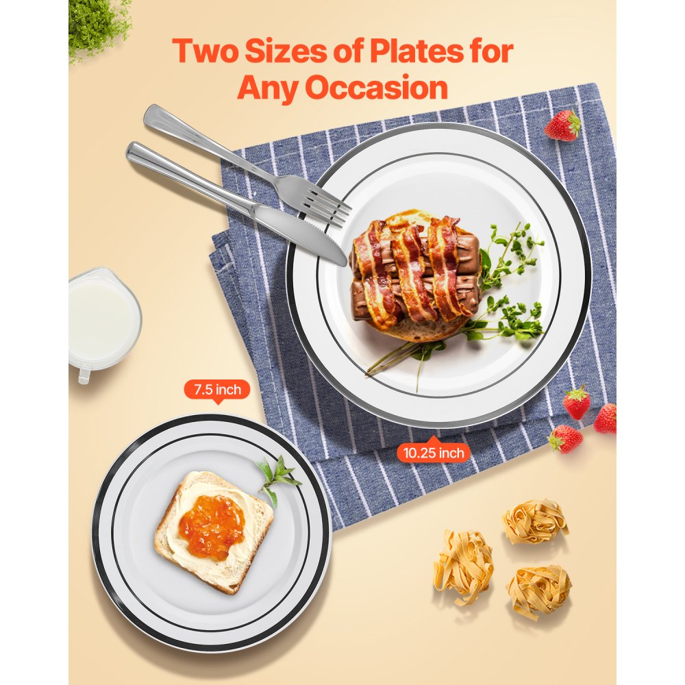 VEVOR Plastic Disposable Plates, 350 Pcs Plastic Dinnerware Set, Include 50 Dinner Plates, 50 Dessert Plates, 50 Pre-Rolled Napkins, 50 Forks, 50 Knives, 50 Spoons, and 50 Cups, for Party and Wedding