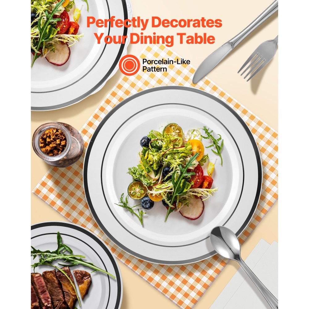 VEVOR Plastic Disposable Plates, 350 Pcs Plastic Dinnerware Set, Include 50 Dinner Plates, 50 Dessert Plates, 50 Pre-Rolled Napkins, 50 Forks, 50 Knives, 50 Spoons, and 50 Cups, for Party and Wedding