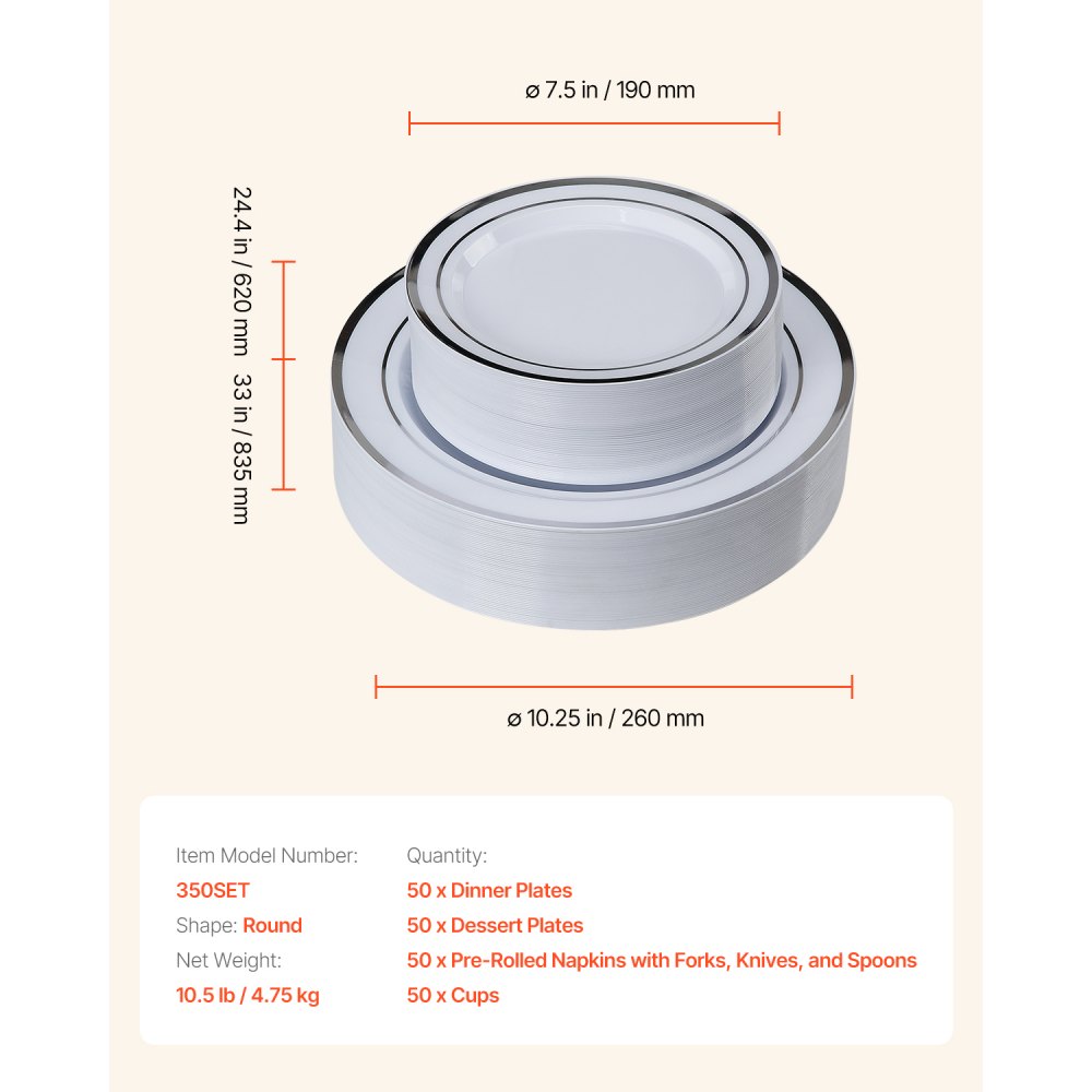 VEVOR Plastic Disposable Plates, 350 Pcs Plastic Dinnerware Set, Include 50 Dinner Plates, 50 Dessert Plates, 50 Pre-Rolled Napkins, 50 Forks, 50 Knives, 50 Spoons, and 50 Cups, for Party and Wedding