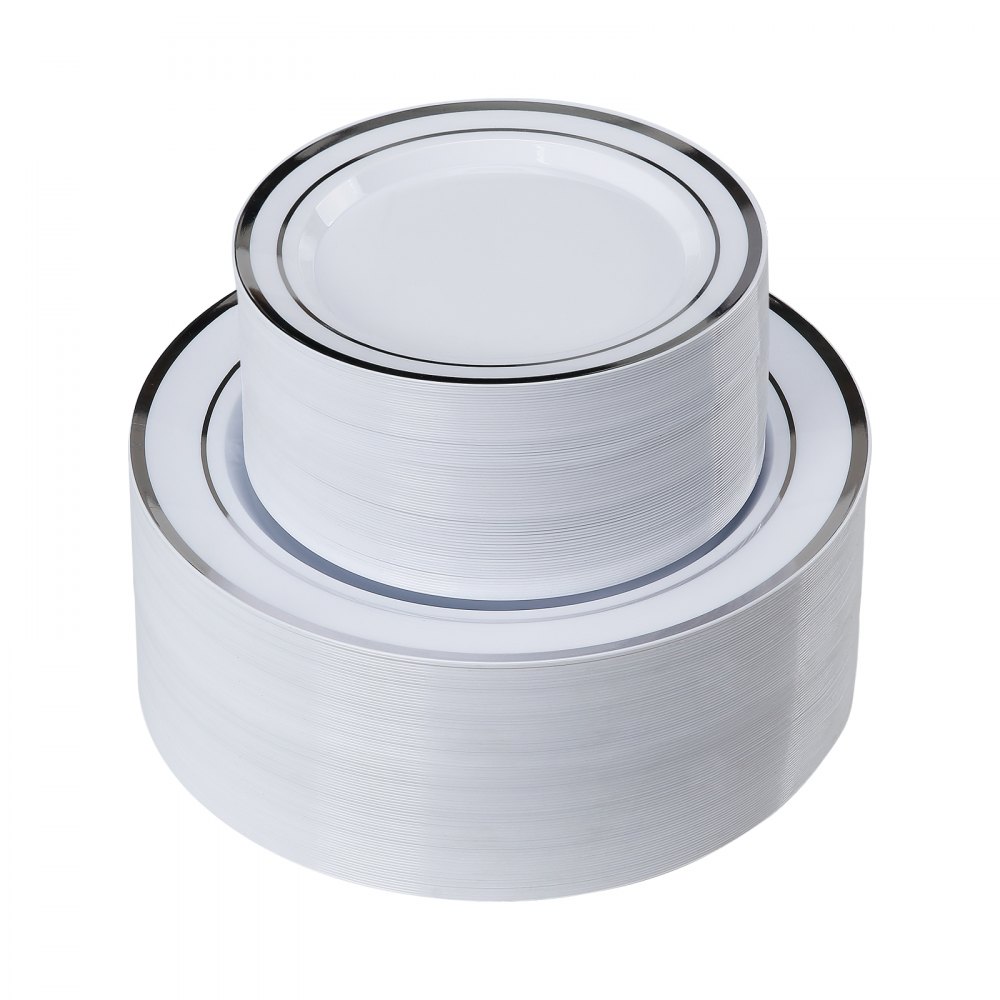 VEVOR Plastic Disposable Plates, 350 Pcs Plastic Dinnerware Set, Include 50 Dinner Plates, 50 Dessert Plates, 50 Pre-Rolled Napkins, 50 Forks, 50 Knives, 50 Spoons, and 50 Cups, for Party and Wedding
