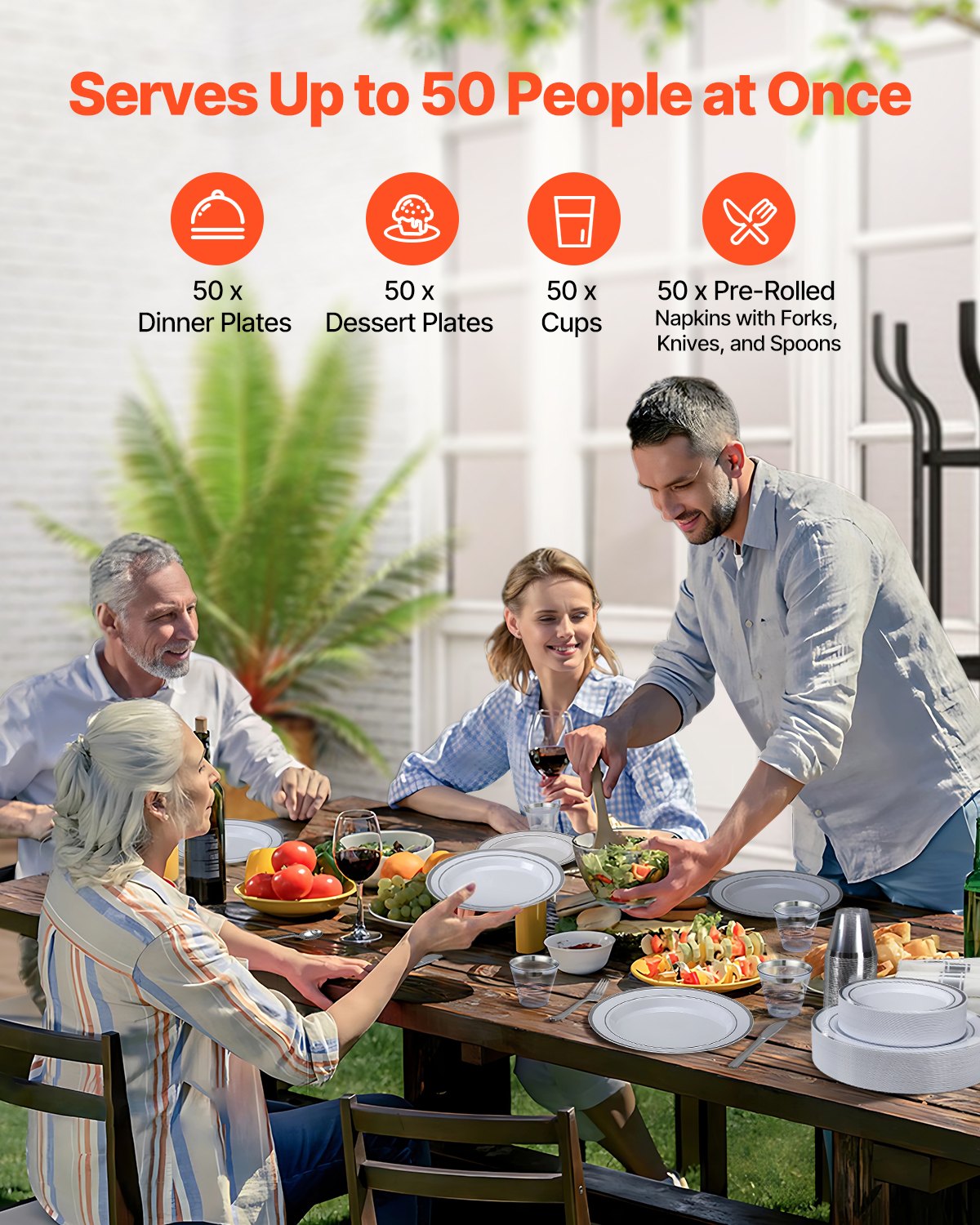 VEVOR Plastic Disposable Plates, 350 Pcs Plastic Dinnerware Set, Include 50 Dinner Plates, 50 Dessert Plates, 50 Pre-Rolled Napkins, 50 Forks, 50 Knives, 50 Spoons, and 50 Cups, for Party and Wedding