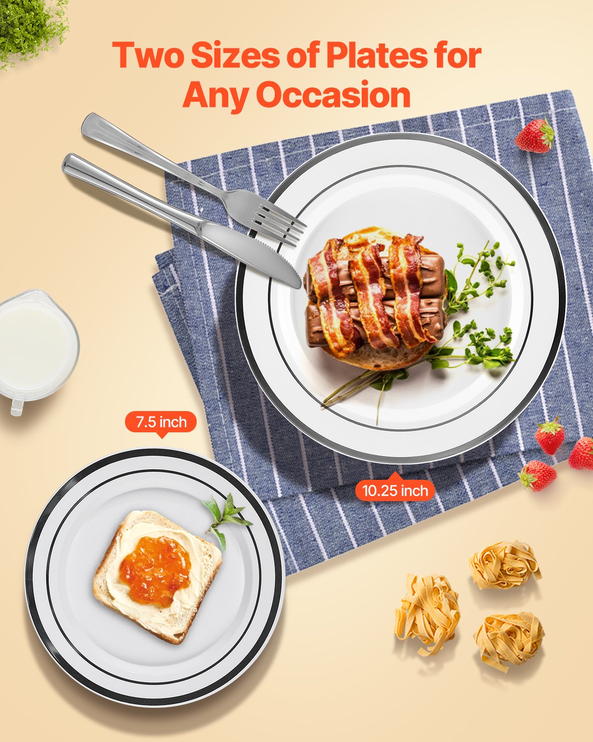VEVOR Plastic Disposable Plates, 350 Pcs Plastic Dinnerware Set, Include 50 Dinner Plates, 50 Dessert Plates, 50 Pre-Rolled Napkins, 50 Forks, 50 Knives, 50 Spoons, and 50 Cups, for Party and Wedding